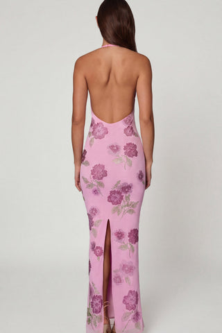 Embellished Halterneck Maxi Dress in Soft Pink