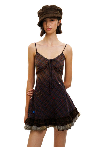 [Moromoro2] Star Polka Dot Mesh Fur Trim Cami  Dress