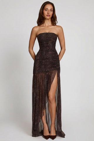 Embellished Bandeau Gathered Maxi Dress in Snake Hotfix