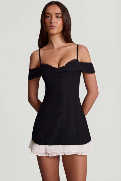 Off-Shoulder Ruffle A-Line Mini Dress in Black