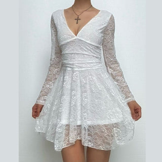 Lace v neck long sleeve self tie backless mini dress