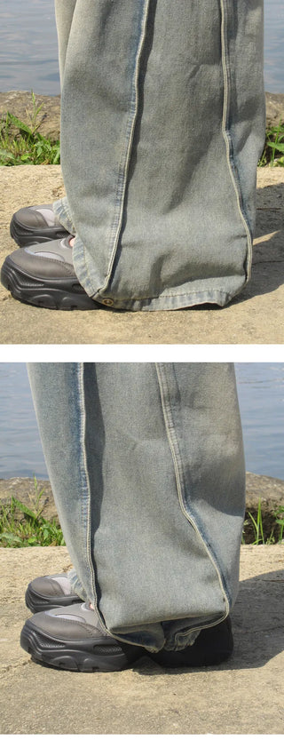 Adjustable waist/length, side Split , pin tuck , Faded denim pt - 3 colors