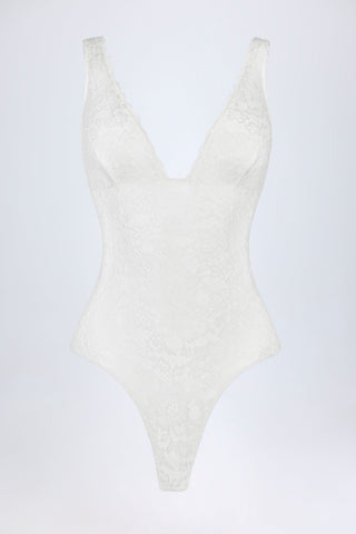 Sheer Lace Scalloped Plunge-Neck Bodysuit in White