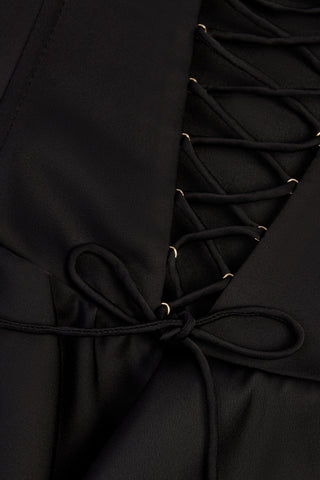 Ruffled Lace-Up Corset Playsuit in Black