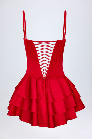 Ruffled Lace-Up Corset Playsuit in Fire Red