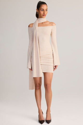 Knit Scarf-Detail Off-Shoulder Mini Dress in Cream