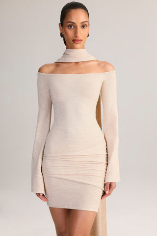 Knit Scarf-Detail Off-Shoulder Mini Dress in Cream
