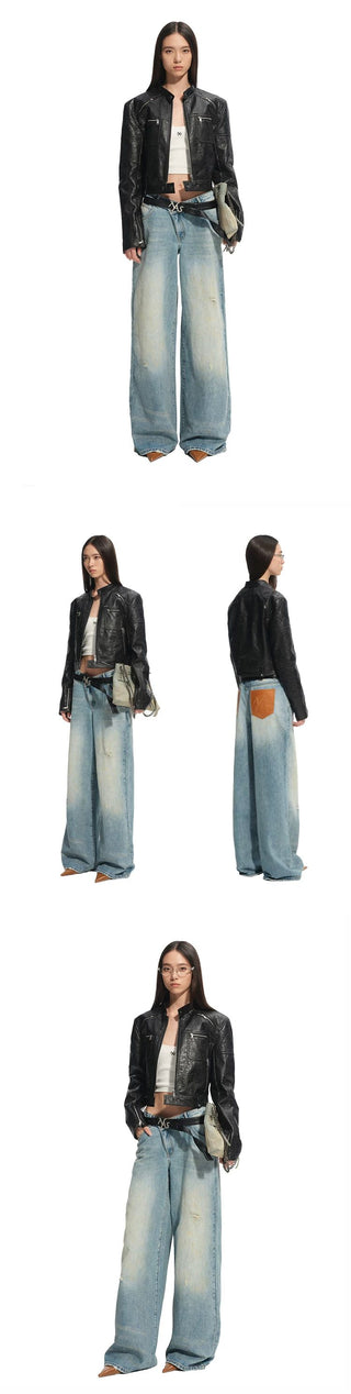 [NOTAWEAR] Cropped Moto Jacket with Cracked  Texture