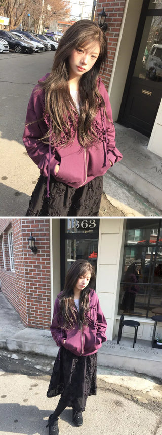 Fur-free lace frill hooded top - 2 colors