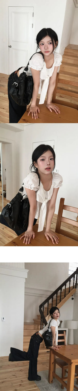 Ribbon Knot Puff Crop Blouse - 3 Colors