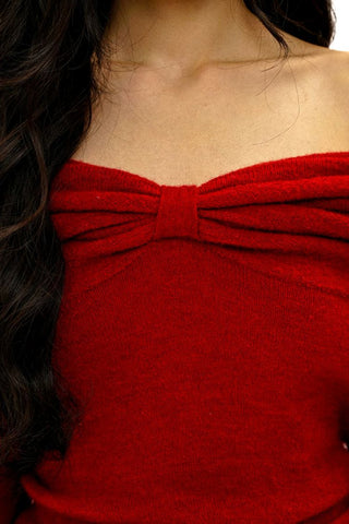 [Moromoro2] Bow Pleated Off-shoulder Knit  Sweater
