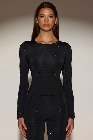 Embellished Crew-Neck Long-Sleeve Top in Black