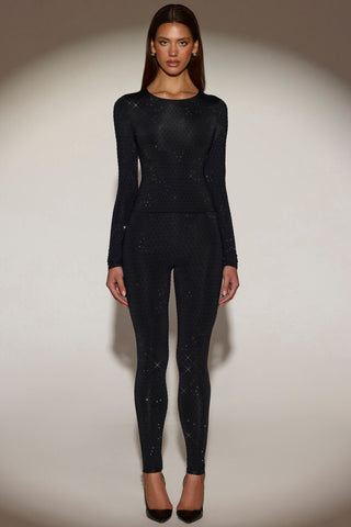 Embellished Crew-Neck Long-Sleeve Top in Black