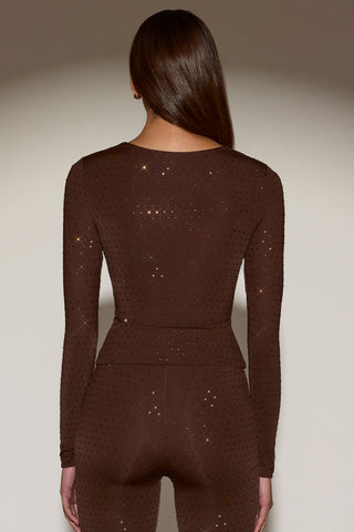 Embellished Crew-Neck Long-Sleeve Top in Chocolate Brown