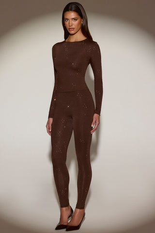 Embellished Crew-Neck Long-Sleeve Top in Chocolate Brown