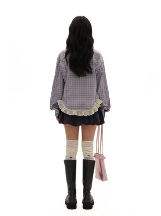 [Moromoro2] Layered Lace Hem Plaid Embroidered  Shirt