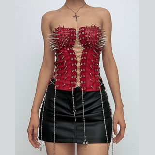 Metal chain lace up rivet applique PU leather tube top