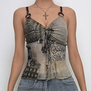 O ring ruched patchwork beaded mesh knotted cami top