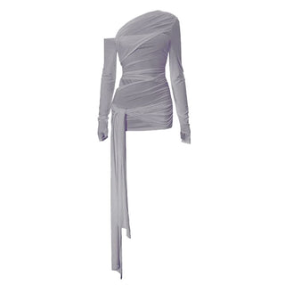 One shoulder long sleeve ruched hollow out knotted cut out top