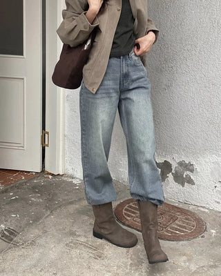 Semi-wide straight denim pants