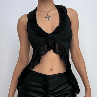 Halter ruffle ruched mesh solid crop top