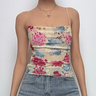 Cowl neck flower print sheer mesh cami top