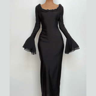 Ruffle long flared sleeve u neck solid midi dress - Final Sale