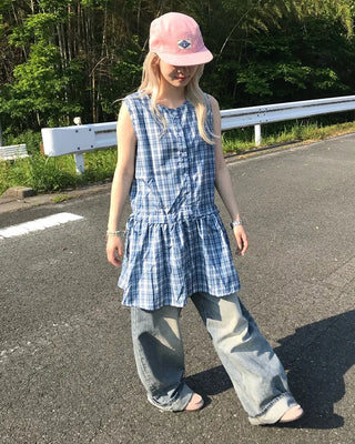 Checkered frill ribbon dress
