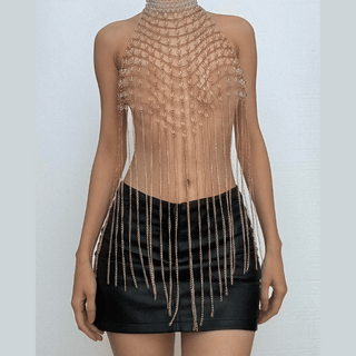 Halter hollow out metal chain backless cut out top