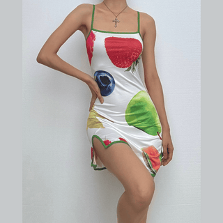 Square neck fruit print slit cami mini dress