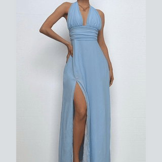 Halter deep v neck ruched high slit maxi dress