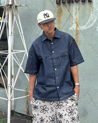 Stitched denim half-sleeve shirt