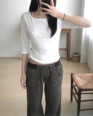 boat neck mid sleeve tee (4color)
