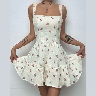 Square neck strawberry print lace up cami mini dress