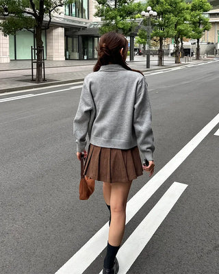 Belted corduroy pleated mini skirt