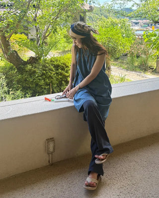 Round neck denim midi dress