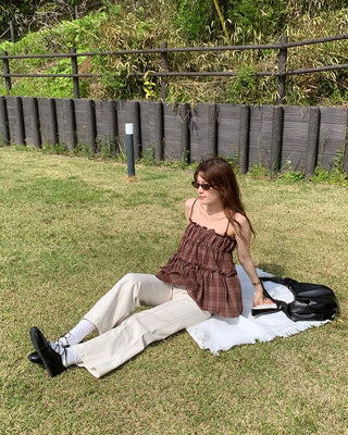 Frilled Shirring Check Sleeveless Dress