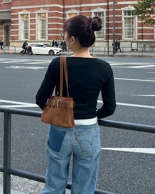 Suede buckle shoulder bag