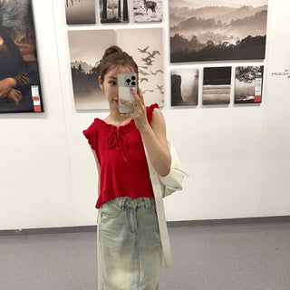 Ribbon knit frill T-shirt
