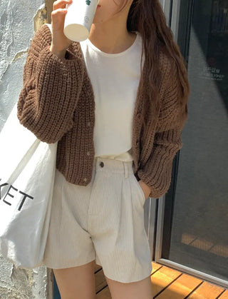 Slim-fit V-neck openwork knit cardigan