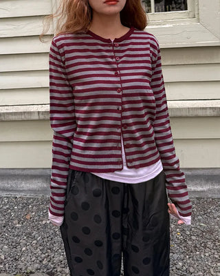 Round neck striped knit cardigan