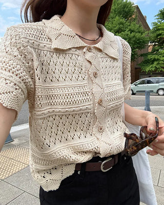 Perforated Collar Button Cardigan