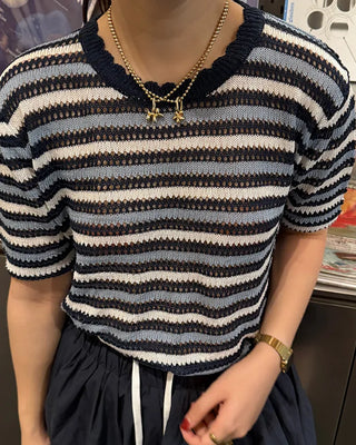 Wave Rib Border Half Sleeve Knit