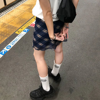 Checkered elastic waist mini skirt