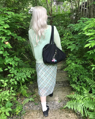 Waist ribbon detail check midi skirt