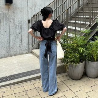 Back ribbon off-shoulder blouse