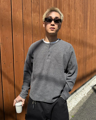 Shell Button Waffle Henley Neck T-Shirt