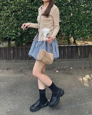 Belted check balloon mini skirt