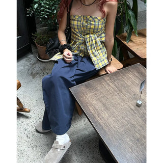Checked Ribbon Shirt Tube Top