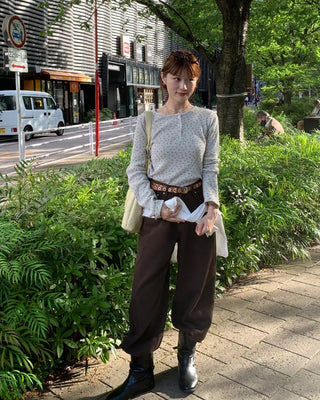 Flower Henley Neck Long T-Shirt